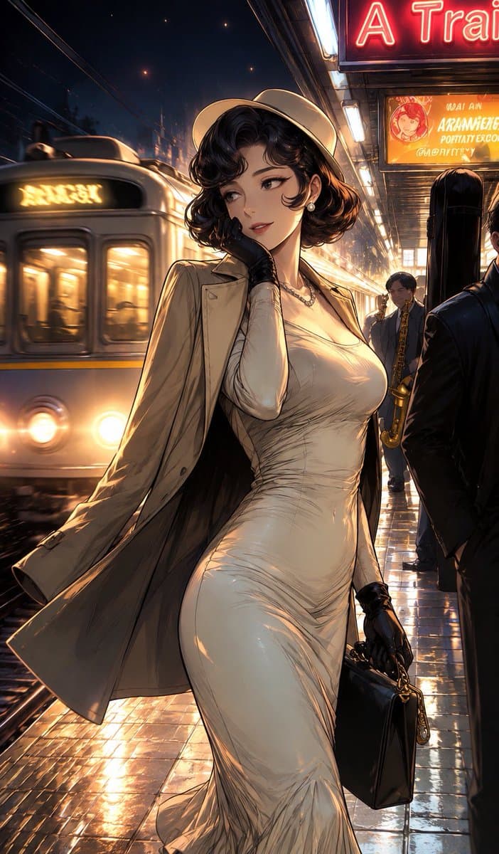Elegant Woman on Night Train Platform preview image 2