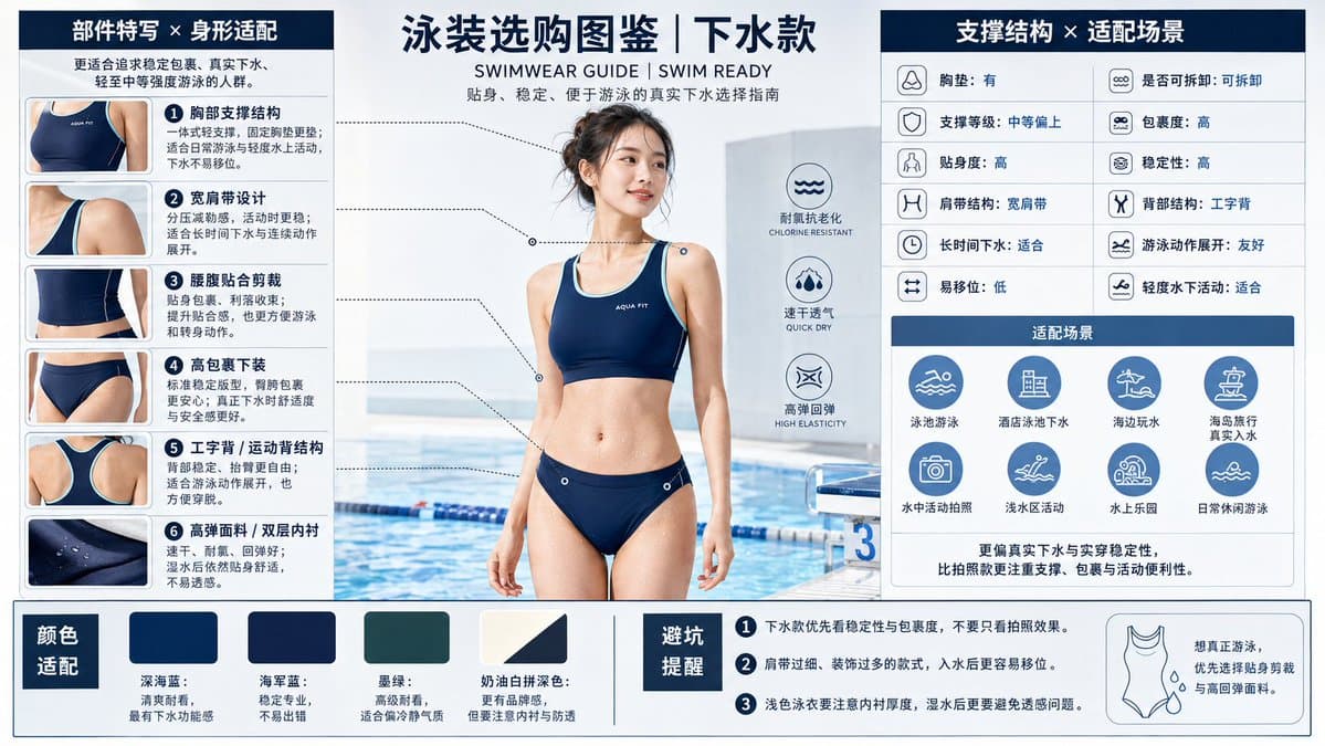 提示词:
生成一张 16:9 横版 的高信息量「泳装选购图鉴|下水款」海报。
整体风格为 高端泳装品 preview image 4