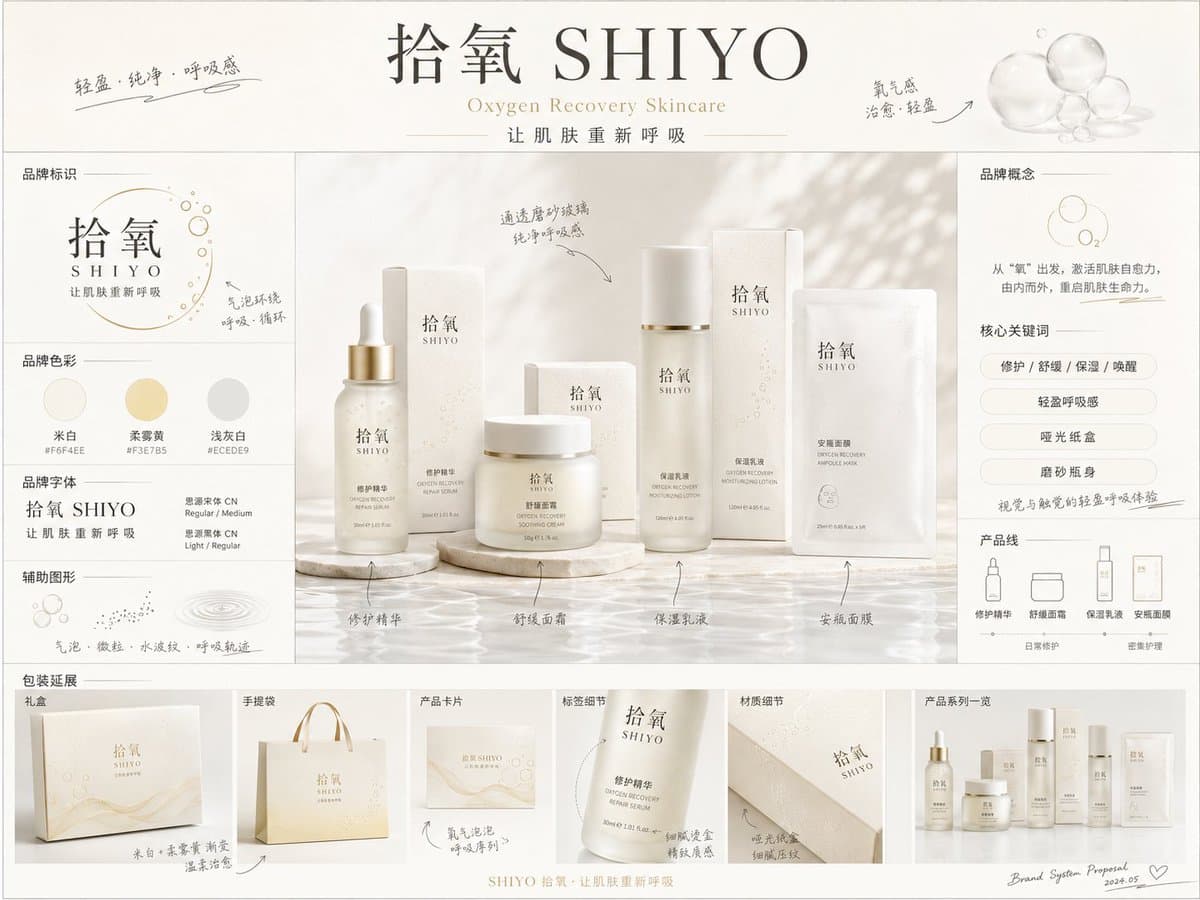 《品牌概念提案板》提示词:
请生成一张【画幅比例】的高完成度「品牌全案概念提案板 / Brand preview image 1