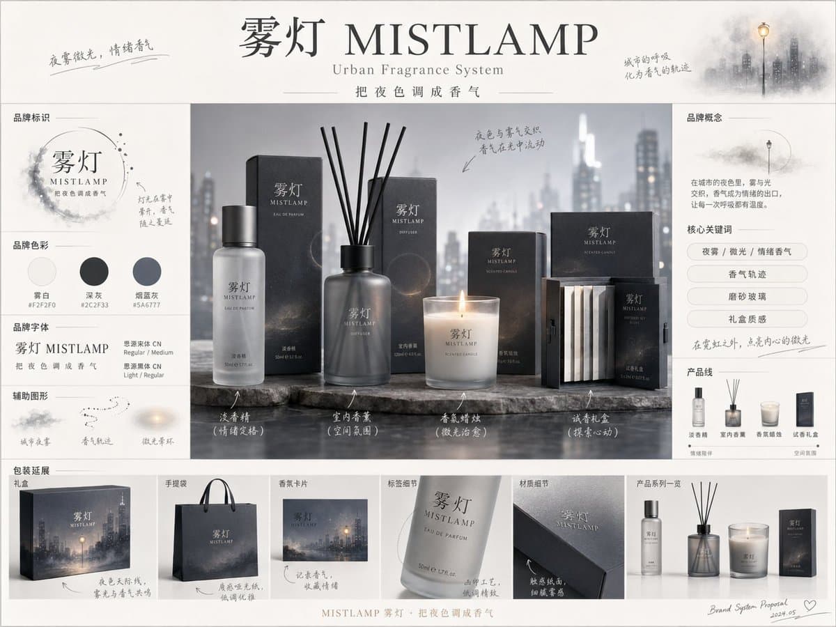 《品牌概念提案板》提示词:
请生成一张【画幅比例】的高完成度「品牌全案概念提案板 / Brand preview image 2
