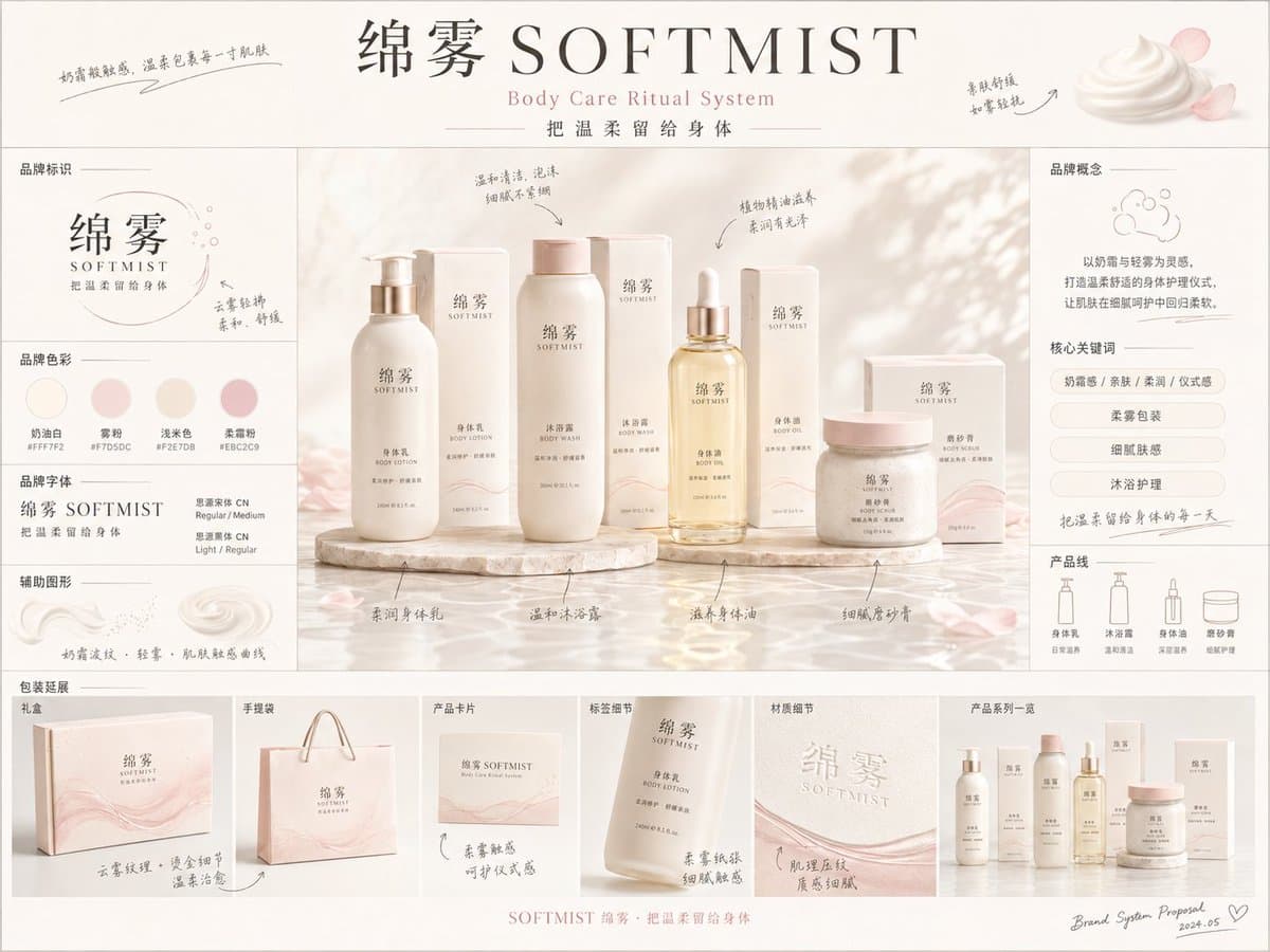 《品牌概念提案板》提示词:
请生成一张【画幅比例】的高完成度「品牌全案概念提案板 / Brand preview image 3