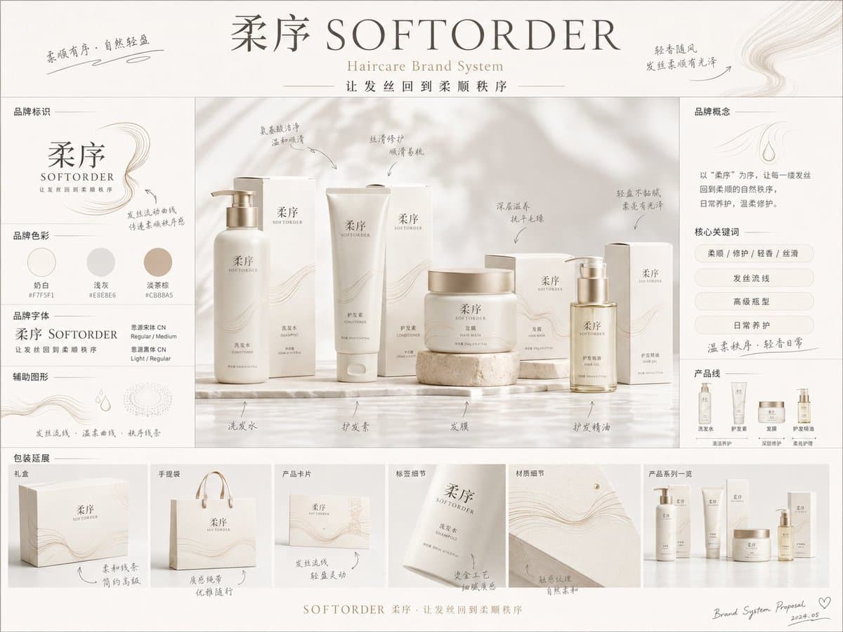 《品牌概念提案板》提示词:
请生成一张【画幅比例】的高完成度「品牌全案概念提案板 / Brand preview image 4