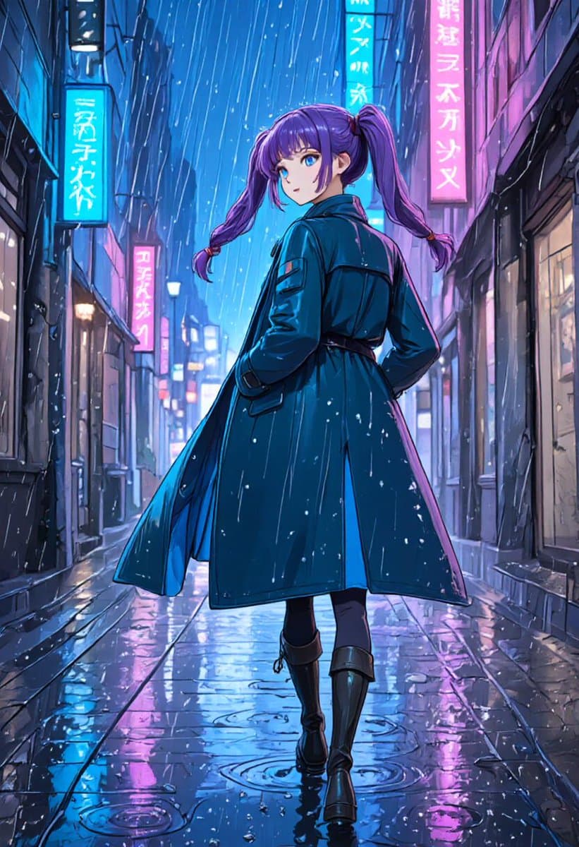 Rainy Neon Anime Alley Woman preview image 3