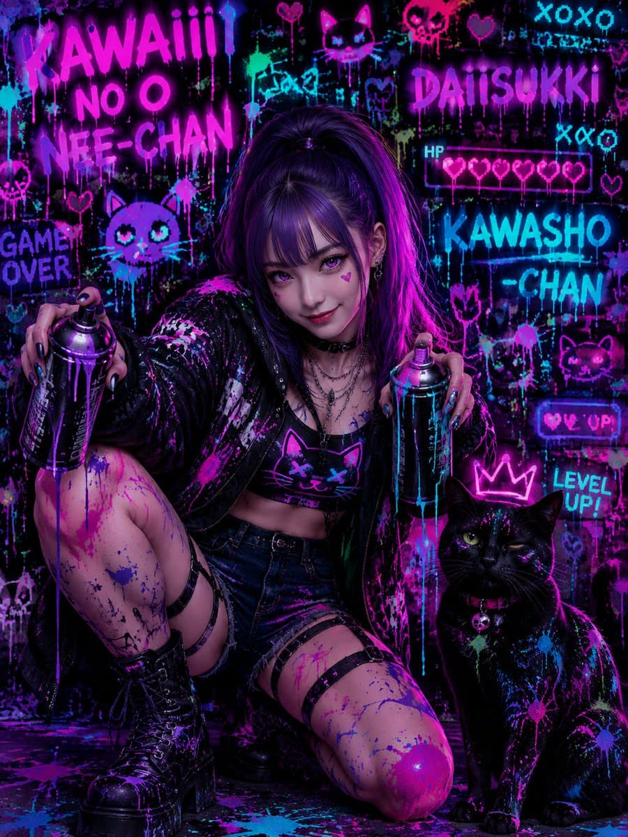 Neon Kawaii Punk Graffiti Portrait preview image 1