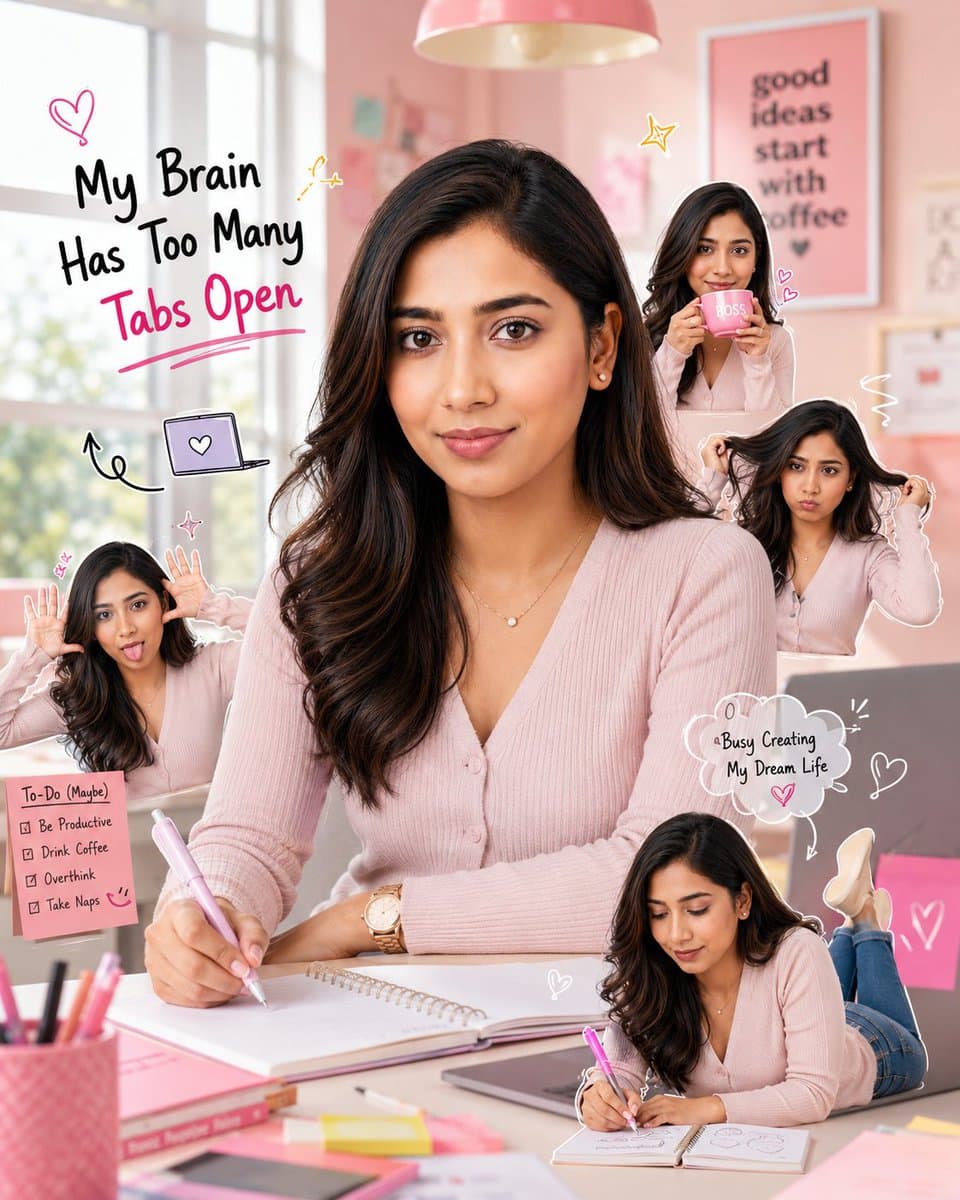 Creative Pink Office Portrait with Chibi Characters preview image 1