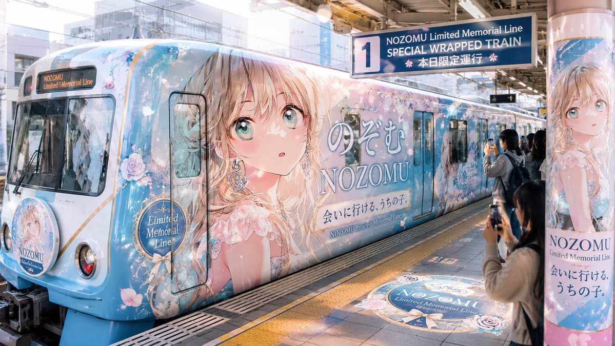 Anime Wrapped Train at Japanese Station preview image 2
