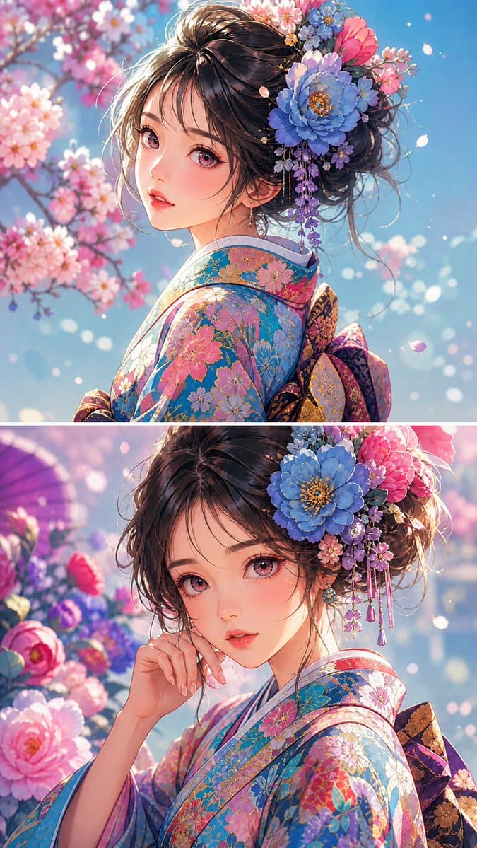 Anime Girl Floral Kimono Portrait preview image 1