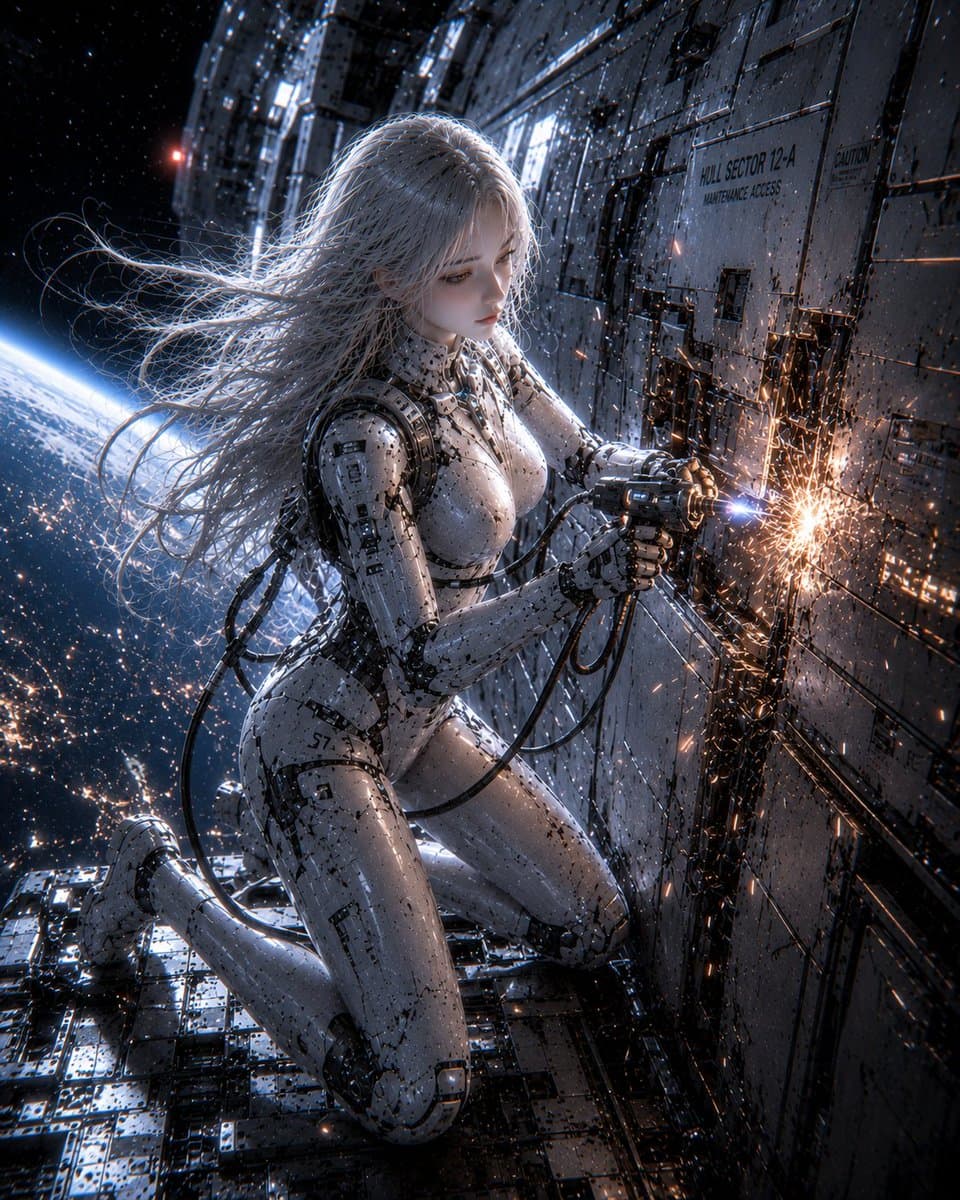 Female Android Repairing Spaceship Hull preview image 1