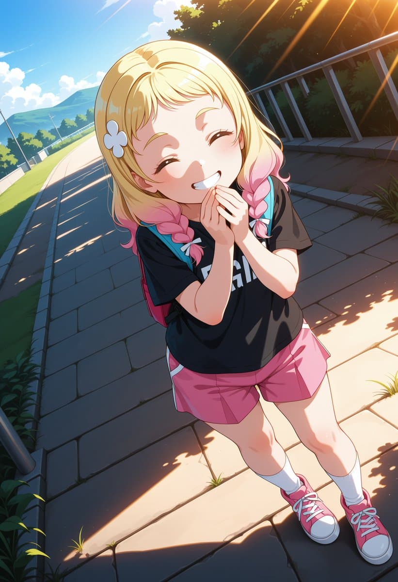 Cheerful Anime Girl on Sunny Sidewalk preview image 1
