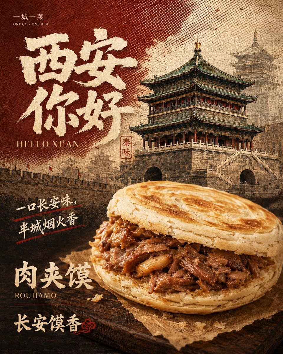 Retro Xi'an Roujiamo Food Poster preview image 1