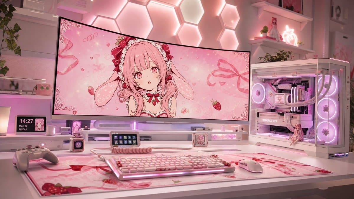 Pastel Pink Anime Gaming Desk Setup preview image 1