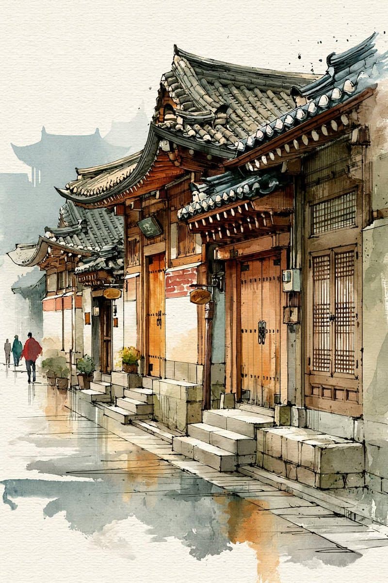 Korean Hanok Watercolor Sketch preview image 3
