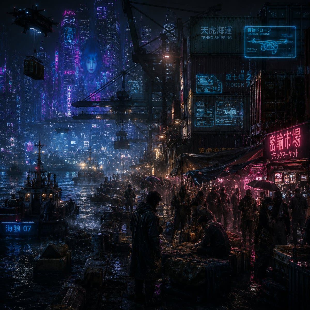 Rainy Cyberpunk Harbor Black Market preview image 1