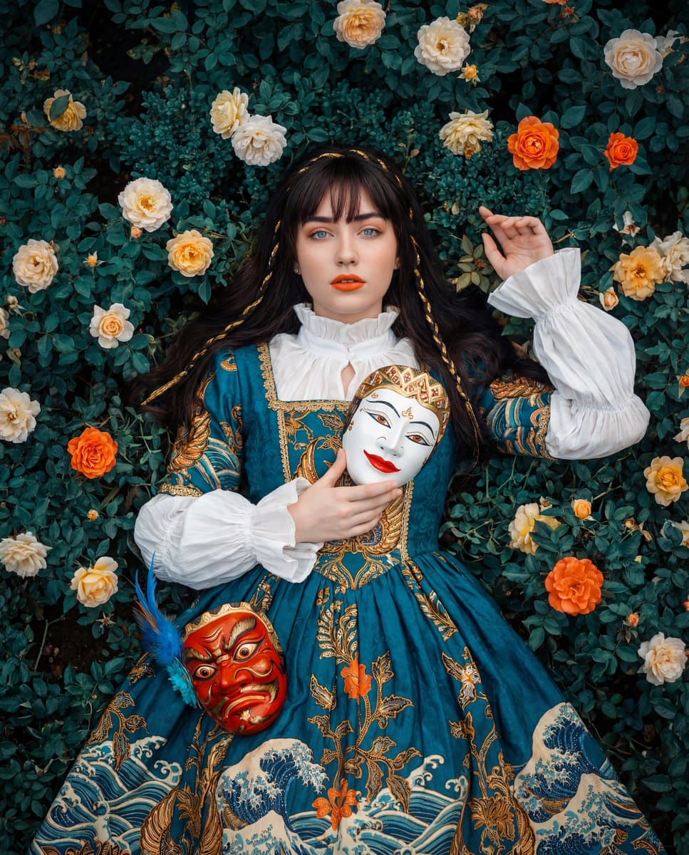Cultural Fusion Overhead Portrait with Masks preview image 1