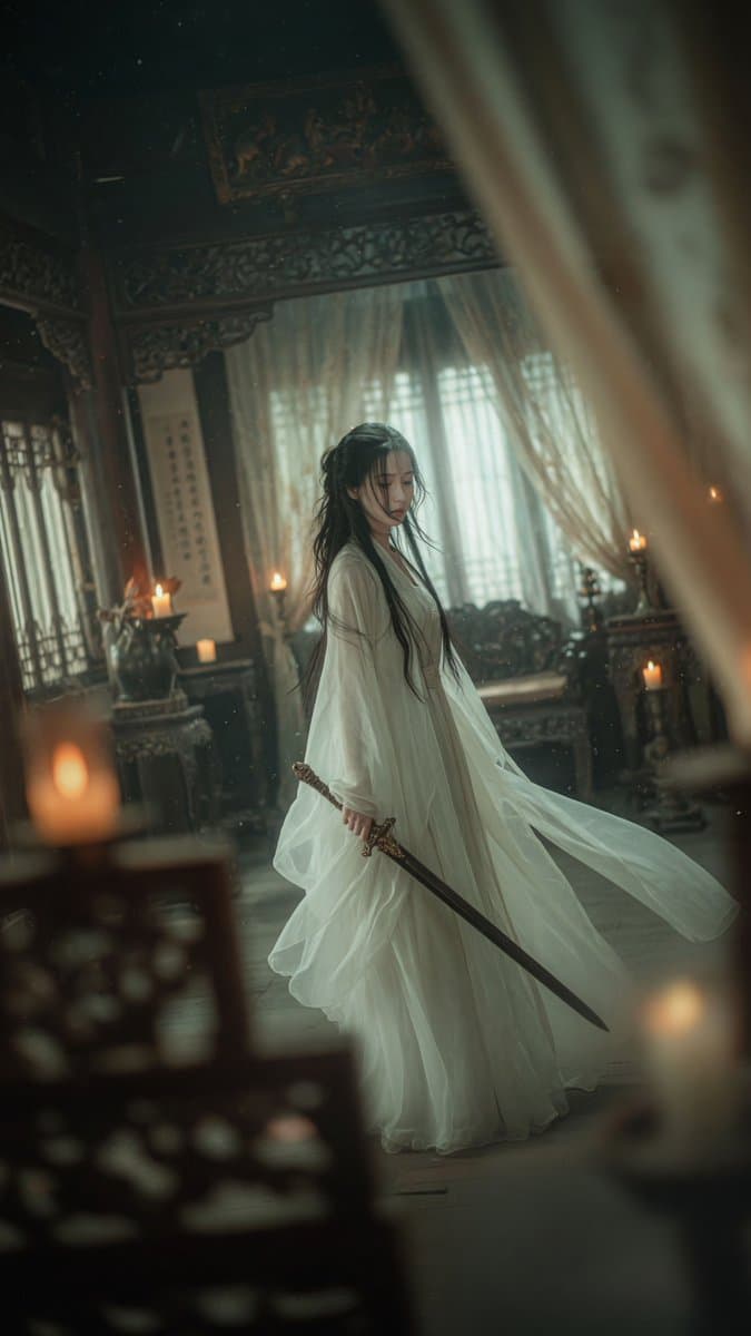 Cinematic Wuxia Swordswoman in Candlelit Chamber preview image 1