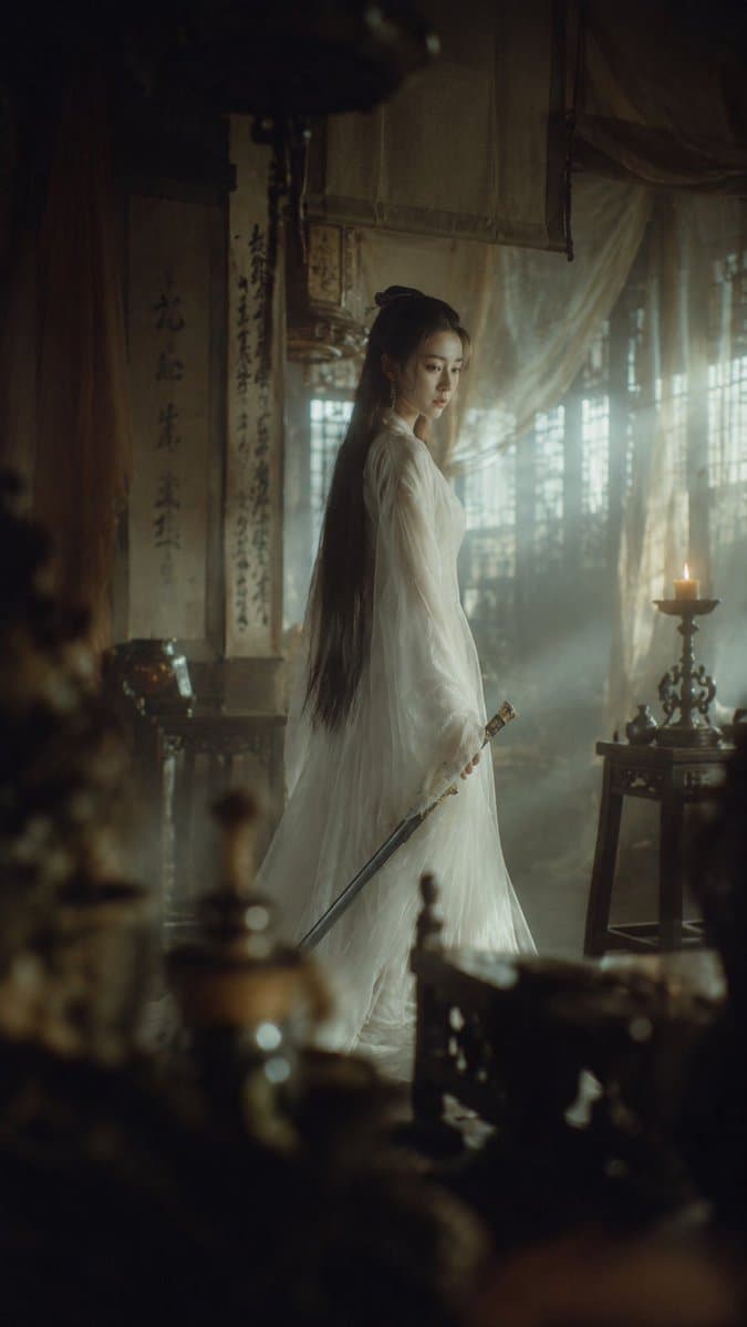 Cinematic Wuxia Swordswoman in Candlelit Chamber preview image 2