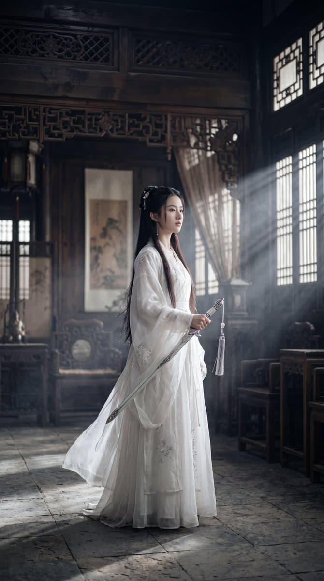 Cinematic Wuxia Swordswoman in Candlelit Chamber preview image 3