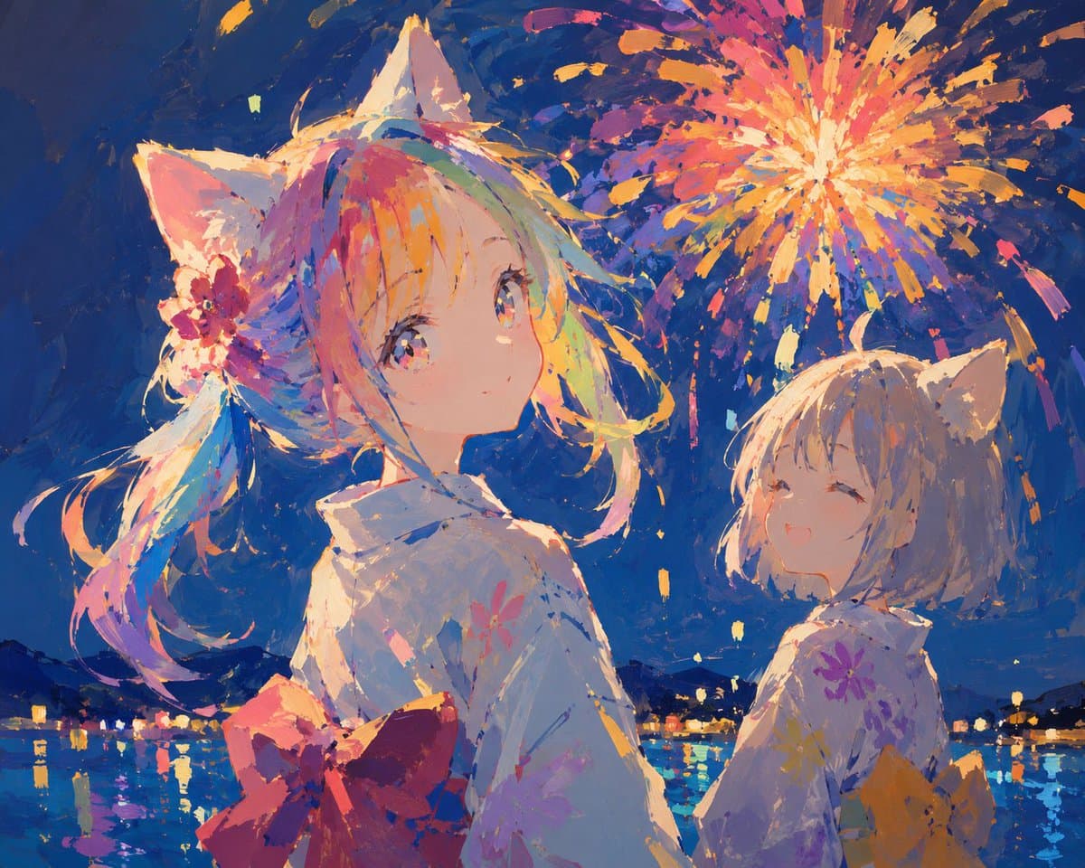 Rainbow Haired Cat Girl Illustration preview image 1