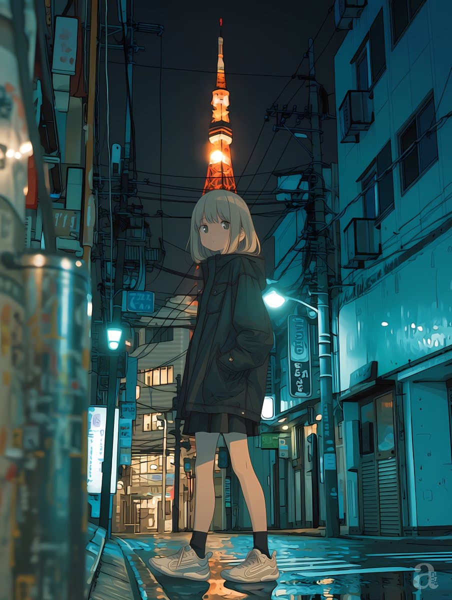 Anime Girl in Rainy Tokyo Alley preview image 1