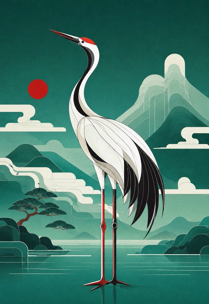 Geometric Red-Crowned Crane Poster preview image 1