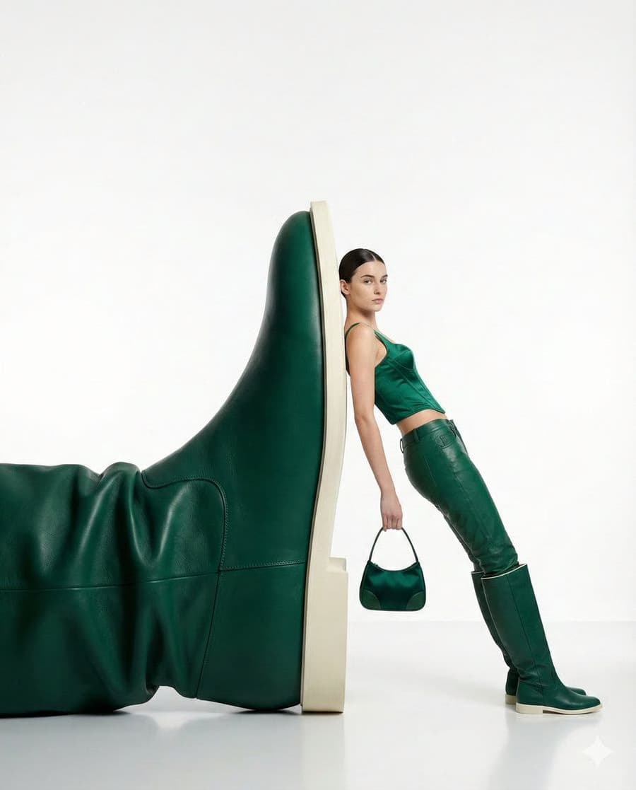 View full prompt & copy{ "style": "high-fashion editorial photography with a minimalist surrealist concept", "subject": "a self-assured woman casually leaning beside an enormous green leather boot installation", "pose": "relaxed but commanding full-body stance, torso slightly angled, one hand carrying a compact handbag", "outfit": { "top": "sleek emerald green sleeveless fitted top", "bottom": "coordinated green leather trousers", "footwear": "knee-high green leather boots", "accessories": "small structured handbag in matching green leather" }, "composition": { "scale": "surreal oversized footwear sculpture contrasted against the human model", "framing": "centered full-body fashion campaign frame with clean negative space", "background": "seamless pure white studio backdrop", "floor": "glossy white floor with soft reflections" }, "lighting": { "type": "soft controlled studio illumination", "mood": "clean, luxurious, premium editorial atmosphere", "shadows": "subtle natural shadows with polished control" }, "color_palette": "monochrome emerald and leather green tones set against neutral white", "camera": { "angle": "eye-level perspective", "lens": "85mm fashion portrait lens", "depth_of_field": "crisp subject detail with a smooth, distraction-free studio background" }, "vibe": "modern luxury fashion campaign, confident styling, surreal elegance, magazine-ready presentation", "quality": "ultra-high resolution, sharp details, polished commercial editorial finish" }Generate image preview image 1