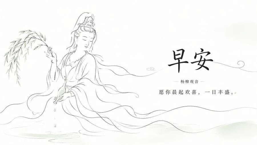 View full prompt & copyCreate a serene horizontal Chinese Buddhist good-morning greeting illustration in elegant hand-drawn line art. Use a wide 16:9 white canvas with lots of negative space and very pale green ink-wash accents. On the left third, draw exactly 1 graceful Yangliu Guanyin figure seated or floating above faint water ripples, shown in thin black flowing contour lines with soft, drifting robes and ribbons. She has closed eyes, a peaceful face, an ornate high hair bun and veil, and holds exactly 1 slender willow branch in her raised left hand and exactly 1 small pale-green vase tilted downward in her other hand, with exactly 3 visible water drops falling into the water below. Add delicate bamboo-like willow leaves sweeping in from the far left and long wave-like robe lines extending across the lower half of the image toward the right. On the right half, place exactly 3 centered text elements: a large bold brush-calligraphy headline reading 早安, a small subtitle beneath it reading 杨柳观音 with thin horizontal divider lines on both sides, and a refined smaller blessing line reading 愿 你 晨 起 欢 喜, 一 日 丰 盛。. Add a single fine decorative green line curling behind the headline and ending in a small spiral at the far right, plus a tiny simple cloud mark near the center. Overall style: minimalist Zen aesthetics, airy composition, flowing hand-drawn lines, muted ink gray and pale jade green, no borders, no watermark, no extra text.Generate image preview image 1