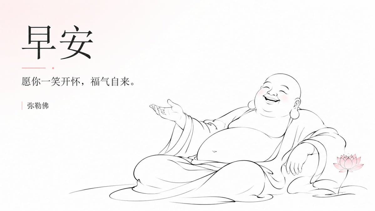 View full prompt & copyCreate a serene horizontal Chinese Buddhist good-morning greeting illustration in elegant hand-drawn line art. Use a wide 16:9 white canvas with lots of negative space and very pale green ink-wash accents. On the left third, draw exactly 1 graceful Yangliu Guanyin figure seated or floating above faint water ripples, shown in thin black flowing contour lines with soft, drifting robes and ribbons. She has closed eyes, a peaceful face, an ornate high hair bun and veil, and holds exactly 1 slender willow branch in her raised left hand and exactly 1 small pale-green vase tilted downward in her other hand, with exactly 3 visible water drops falling into the water below. Add delicate bamboo-like willow leaves sweeping in from the far left and long wave-like robe lines extending across the lower half of the image toward the right. On the right half, place exactly 3 centered text elements: a large bold brush-calligraphy headline reading 早安, a small subtitle beneath it reading 杨柳观音 with thin horizontal divider lines on both sides, and a refined smaller blessing line reading 愿 你 晨 起 欢 喜, 一 日 丰 盛。. Add a single fine decorative green line curling behind the headline and ending in a small spiral at the far right, plus a tiny simple cloud mark near the center. Overall style: minimalist Zen aesthetics, airy composition, flowing hand-drawn lines, muted ink gray and pale jade green, no borders, no watermark, no extra text.Generate image preview image 3