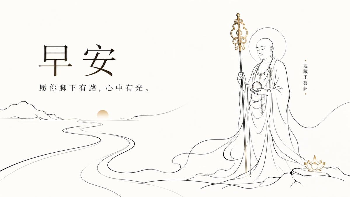 View full prompt & copyCreate a serene horizontal Chinese Buddhist good-morning greeting illustration in elegant hand-drawn line art. Use a wide 16:9 white canvas with lots of negative space and very pale green ink-wash accents. On the left third, draw exactly 1 graceful Yangliu Guanyin figure seated or floating above faint water ripples, shown in thin black flowing contour lines with soft, drifting robes and ribbons. She has closed eyes, a peaceful face, an ornate high hair bun and veil, and holds exactly 1 slender willow branch in her raised left hand and exactly 1 small pale-green vase tilted downward in her other hand, with exactly 3 visible water drops falling into the water below. Add delicate bamboo-like willow leaves sweeping in from the far left and long wave-like robe lines extending across the lower half of the image toward the right. On the right half, place exactly 3 centered text elements: a large bold brush-calligraphy headline reading 早安, a small subtitle beneath it reading 杨柳观音 with thin horizontal divider lines on both sides, and a refined smaller blessing line reading 愿 你 晨 起 欢 喜, 一 日 丰 盛。. Add a single fine decorative green line curling behind the headline and ending in a small spiral at the far right, plus a tiny simple cloud mark near the center. Overall style: minimalist Zen aesthetics, airy composition, flowing hand-drawn lines, muted ink gray and pale jade green, no borders, no watermark, no extra text.Generate image preview image 4