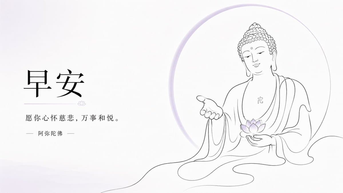 View full prompt & copyCreate a serene horizontal Chinese Buddhist good-morning greeting illustration in elegant hand-drawn line art. Use a wide 16:9 white canvas with lots of negative space and very pale green ink-wash accents. On the left third, draw exactly 1 graceful Yangliu Guanyin figure seated or floating above faint water ripples, shown in thin black flowing contour lines with soft, drifting robes and ribbons. She has closed eyes, a peaceful face, an ornate high hair bun and veil, and holds exactly 1 slender willow branch in her raised left hand and exactly 1 small pale-green vase tilted downward in her other hand, with exactly 3 visible water drops falling into the water below. Add delicate bamboo-like willow leaves sweeping in from the far left and long wave-like robe lines extending across the lower half of the image toward the right. On the right half, place exactly 3 centered text elements: a large bold brush-calligraphy headline reading 早安, a small subtitle beneath it reading 杨柳观音 with thin horizontal divider lines on both sides, and a refined smaller blessing line reading 愿 你 晨 起 欢 喜, 一 日 丰 盛。. Add a single fine decorative green line curling behind the headline and ending in a small spiral at the far right, plus a tiny simple cloud mark near the center. Overall style: minimalist Zen aesthetics, airy composition, flowing hand-drawn lines, muted ink gray and pale jade green, no borders, no watermark, no extra text.Generate image preview image 5